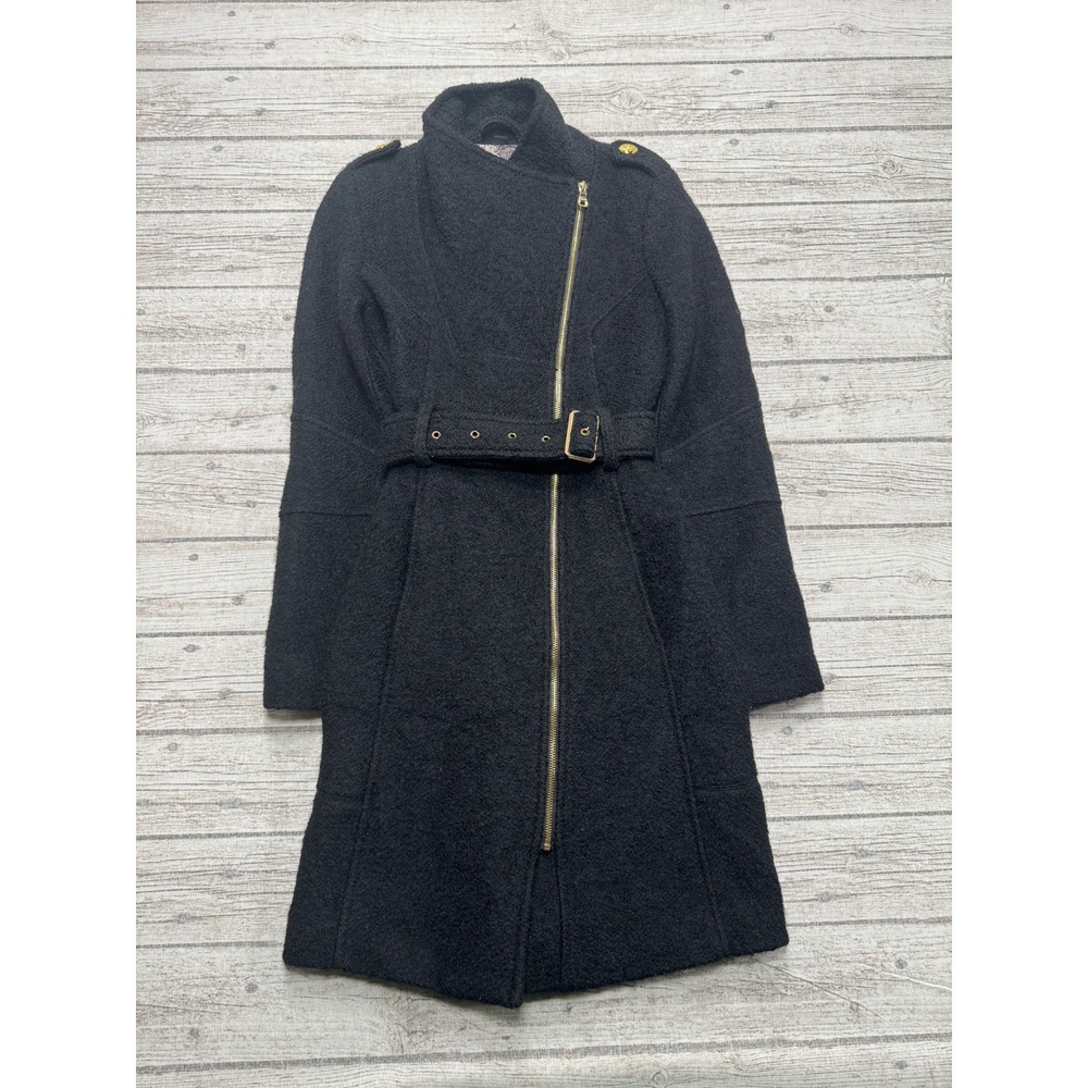 Guess Trench Coat Women's Small Black Belted Boucle Wool Blend Asymmetrical Zip